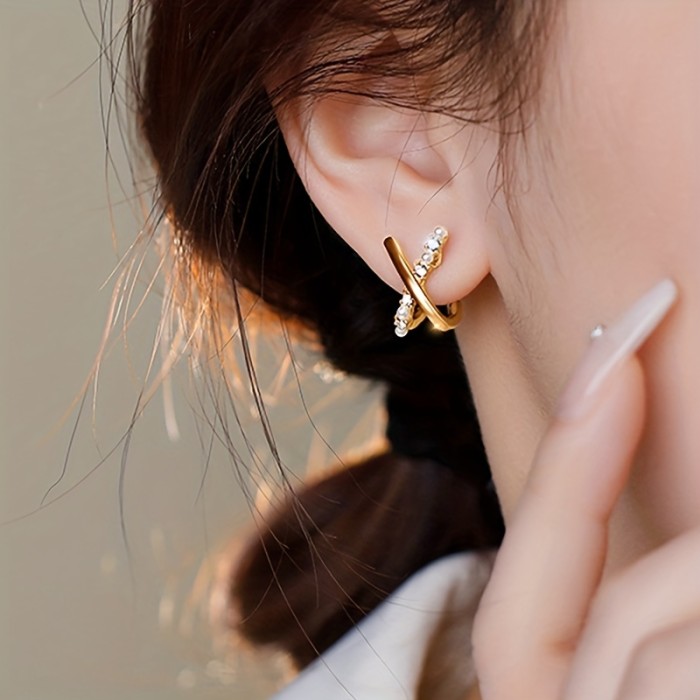 Tiny Delicate X Design Stud Earrings Zinc Alloy Jewelry Embellished With Imitation Pearl Elegant Simple Style For Women Daily Casual