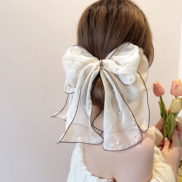 Elegant Chiffon Bow Hairpin with Pearl Streamer - Stylish and Versatile Hair Accessory for Any Occasion