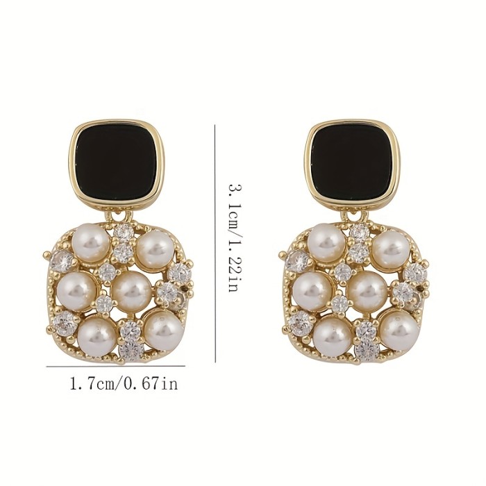 Square Faux Pearl Zircon Stud Earrings Female Temperament Personality Ear Jewelry Accessories For Banquet Party Decor