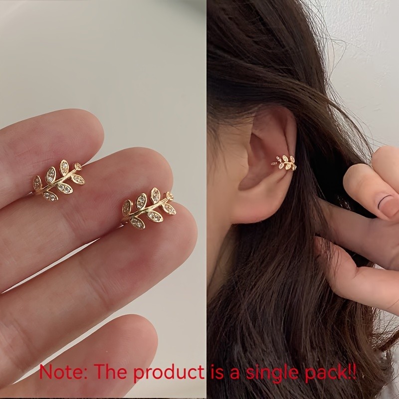 Elegant Rhinestone Leaf Design Ear Cuffs for Women, Alloy Ear Bone Clip, Simple Luxurious Non-Piercing Earrings, Daily and Party Wear Jewelry Accessory