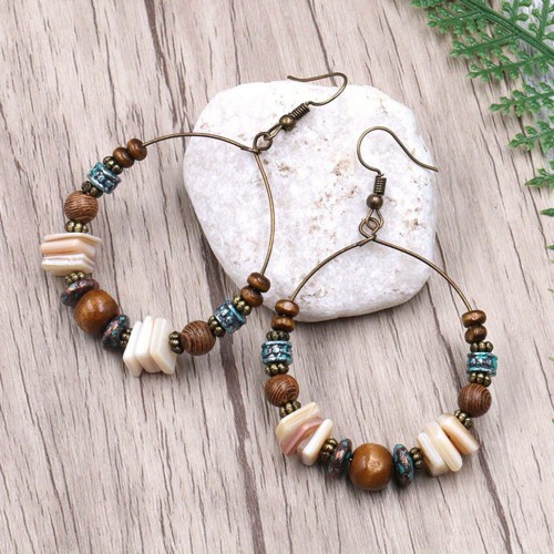 1 Pair Shell Exaggerated Retro Earrings Alloy Wooden Beads Round Boho Earrings Fashion Jewelry 2.76\