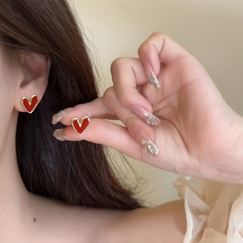 Minimalist Red Heart Design Stud Earrings Simple Cute Style Ear Jewelry Daily Accessory Gift