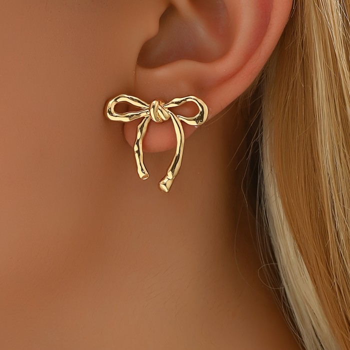 Bowknot Stud Earrings, 1 Pair, Golden Jewelry, Bohemian Elegant Style, Fashion Ribbon Bow Jewelry For Women