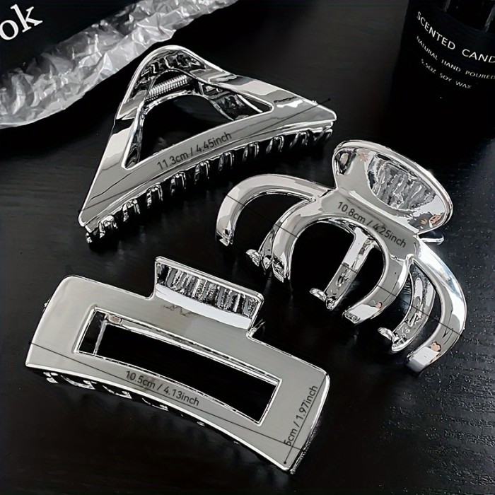 Set of 3 Minimalist Plastic Hair Claws for Women - Stylish Metallic Finish Shark Clips, Elegant Accessory for Teens and Adults, Solid Color, Middle Size