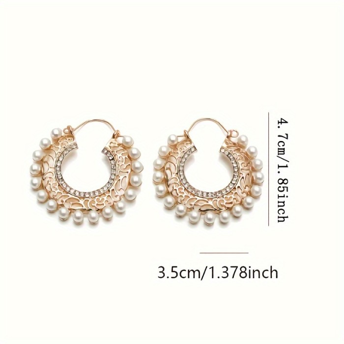Faux Pearl Sparkling Rhinestone Decor Hollow Round Dangle Earrings Bohemian Elegant Style Alloy Jewelry Trendy Female Gift