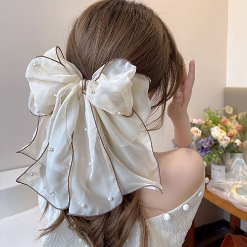 Elegant Chiffon Bow Hairpin with Pearl Streamer - Stylish and Versatile Hair Accessory for Any Occasion
