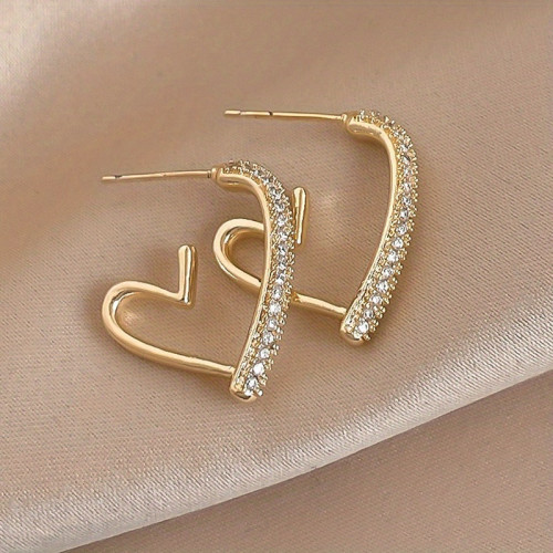 Tiny Irregular Heart Design Hoop Earrings Alloy 18K Gold Plated  Jewelry Rhinestones Inlaid Vintage Elegant Style Dating Earrings