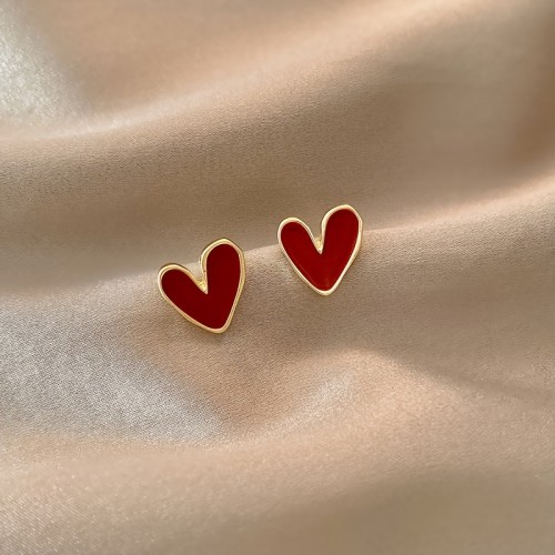 Minimalist Red Heart Design Stud Earrings Simple Cute Style Ear Jewelry Daily Accessory Gift