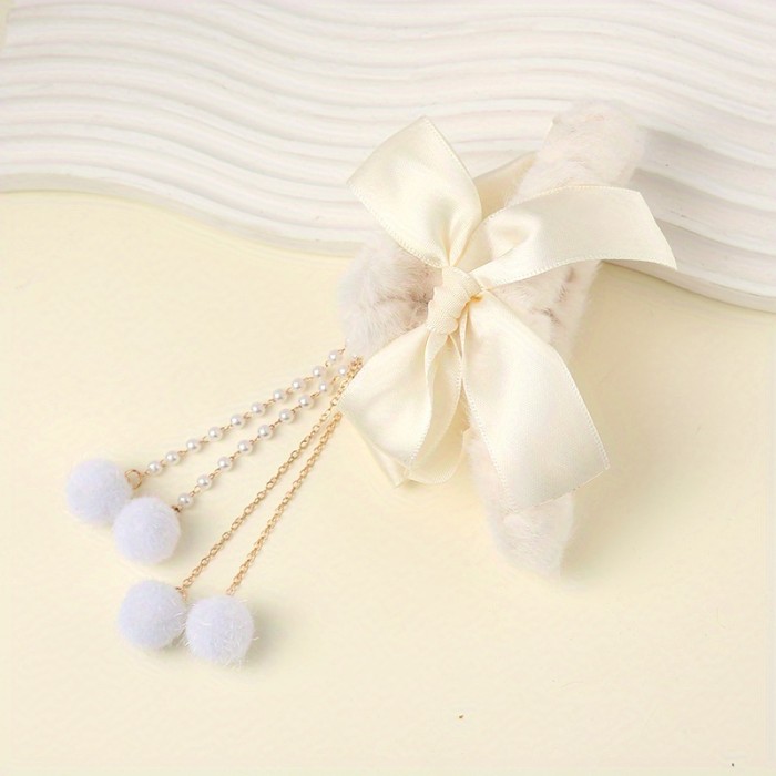 Bowknot Tassel Faux Pearl Plush Hair Claw Clip Elegant Non-Slip Strong Hold Grip Hair Jaw Clip For Thick Hair Accessories