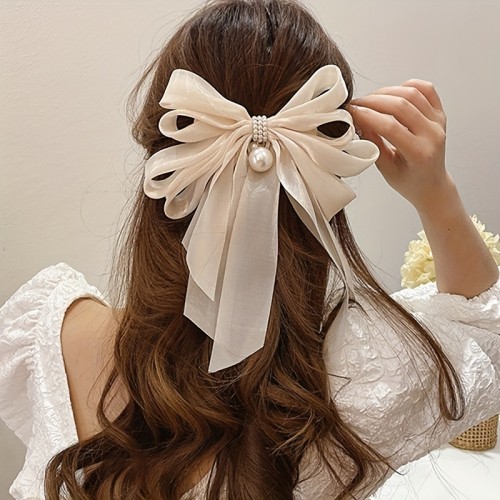 1pc Bow & Faux Pearl Decor Hair Clip Oversized French Barrette Elegant Hair Pin Hair Styling Accessory
