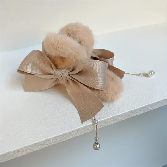 Bowknot Tassel Faux Pearl Plush Hair Claw Clip Elegant Non-Slip Strong Hold Grip Hair Jaw Clip For Thick Hair Accessories