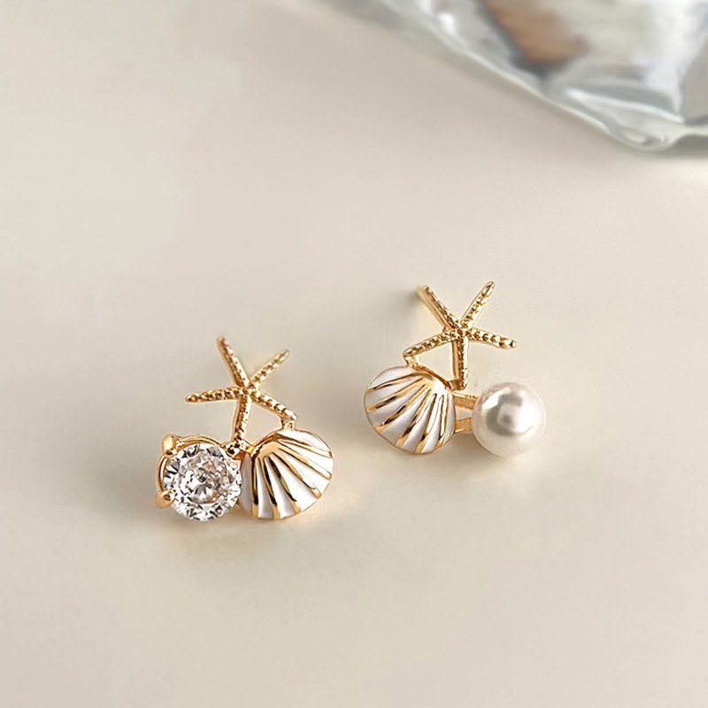 Chic Summer Beach-Inspired Women'S Stud Earrings - Starfish & Shell Design With Sparkling Accents, 925 Silvery Posts, Vintage-Chic Alloy Fashion Jewelry For Daily Wear & Parties