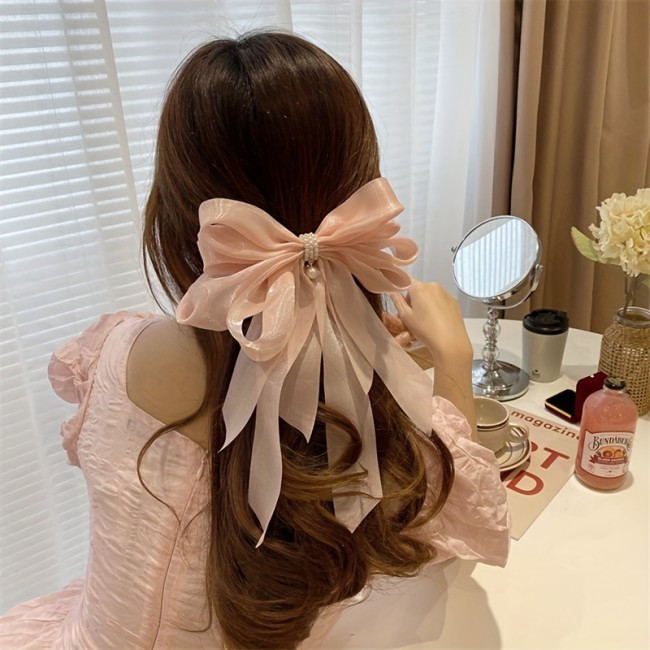 1pc Bow & Faux Pearl Decor Hair Clip Oversized French Barrette Imitation Silk Elegant Hair Pin Hair Styling Accessory