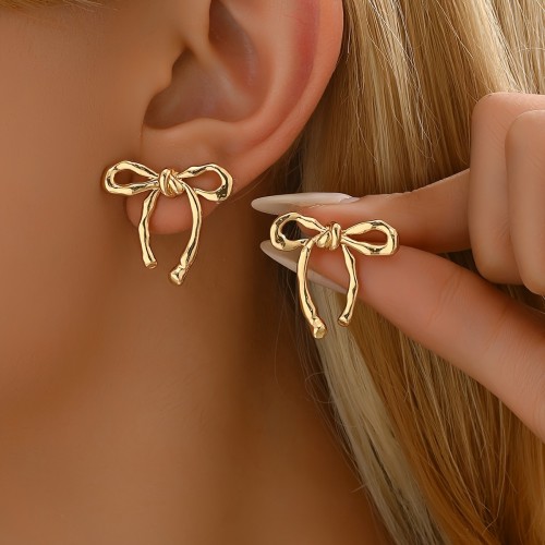 Bowknot Stud Earrings, 1 Pair, Golden Jewelry, Bohemian Elegant Style, Fashion Ribbon Bow Jewelry For Women
