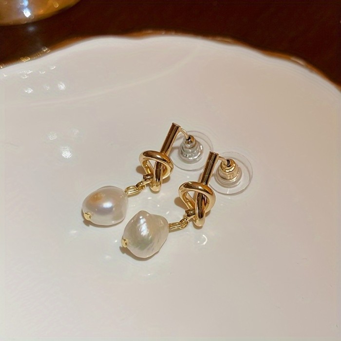 French-Inspired Knotted Pearl Drop Earrings - Vintage Style With Metal Posts For Weddings & Everyday Wear