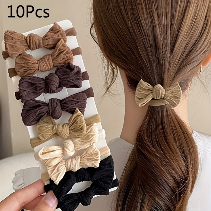 10Pcs Bow Hair Ties Set for Women, Fabric Elastic Hair Bands with Minimalist Sweet Style - Solid Color Bowknot Hair Accessories, High Elasticity Ponytail Holders for Ages 14+