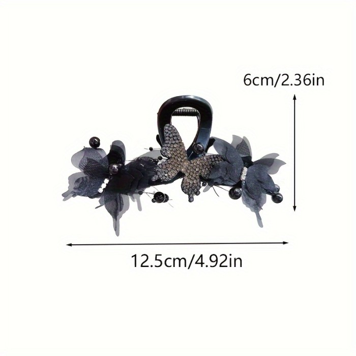 Elegant Black Bow Hair Claw With Sparkling Rhinestones - Large Shark Clip For Women, Perfect For Everyday & Valentine'S Day, Non-Slip Grip For Long Hair