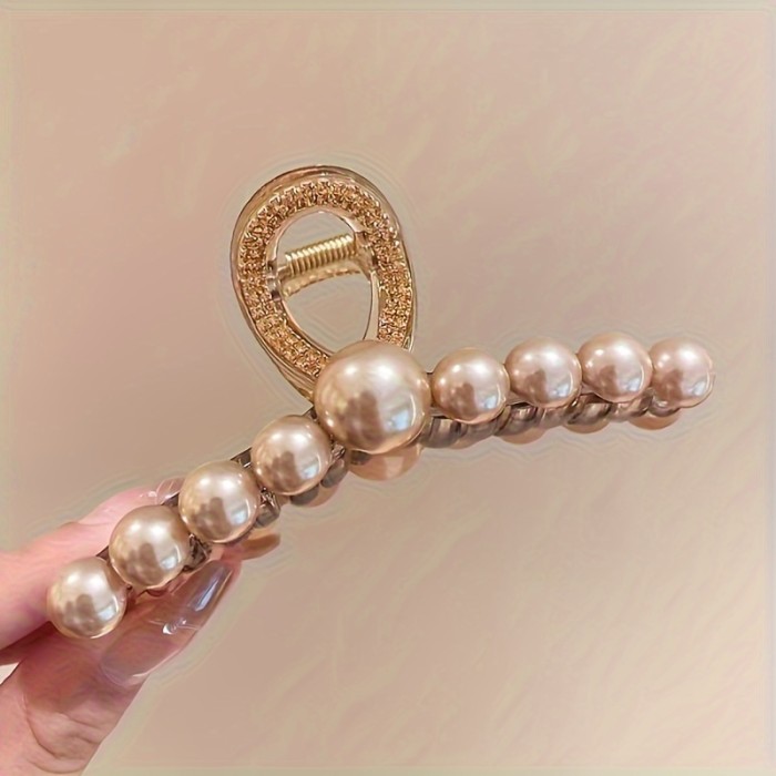 Elegant Coffee-Colored Pearl Water Diamond Hair Clip with Shark Tooth Design, Suitable for Women's Hair Volume Display - Anniversary Gift for 14+ Years Old
