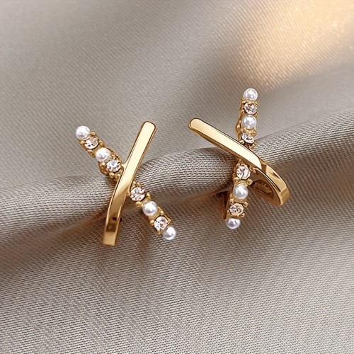Tiny Delicate X Design Stud Earrings Zinc Alloy Jewelry Embellished With Imitation Pearl Elegant Simple Style For Women Daily Casual