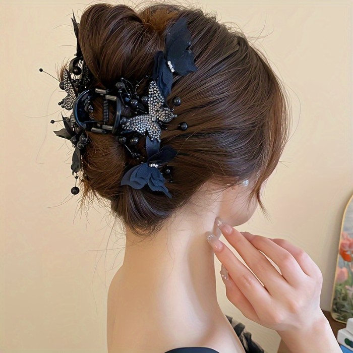 Elegant Black Bow Hair Claw With Sparkling Rhinestones - Large Shark Clip For Women, Perfect For Everyday & Valentine'S Day, Non-Slip Grip For Long Hair