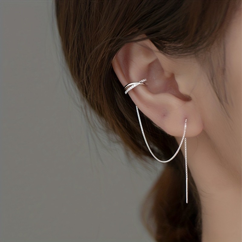 Shiny Zircon Decor Sexy Ear Cuff Threader Earrings Copper Jewelry Exquisite Female Gift Daily Casual