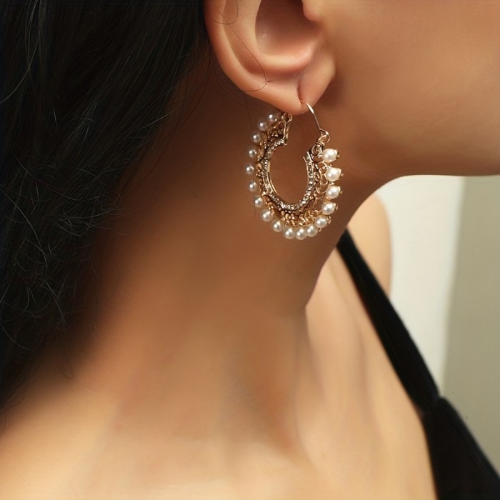 Faux Pearl Sparkling Rhinestone Decor Hollow Round Dangle Earrings Bohemian Elegant Style Alloy Jewelry Trendy Female Gift