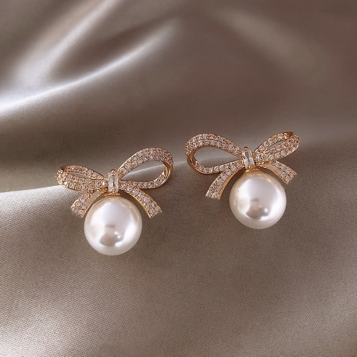 18K Gold Plated Bow Rhinestone Pearl Stud Earrings Women's Elegant Jewelry Women's Accessories