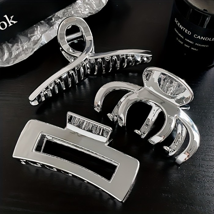 Set of 3 Minimalist Plastic Hair Claws for Women - Stylish Metallic Finish Shark Clips, Elegant Accessory for Teens and Adults, Solid Color, Middle Size