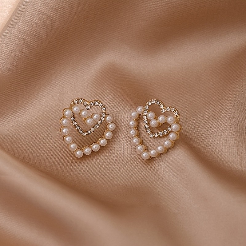 Simple Double Love Faux Pearl Earrings For Women Girls 18K Plated Jewelry