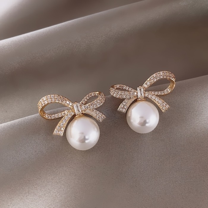 18K Gold Plated Bow Rhinestone Pearl Stud Earrings Women's Elegant Jewelry Women's Accessories
