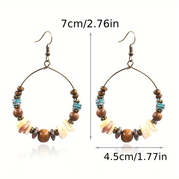 1 Pair Shell Exaggerated Retro Earrings Alloy Wooden Beads Round Boho Earrings Fashion Jewelry 2.76\