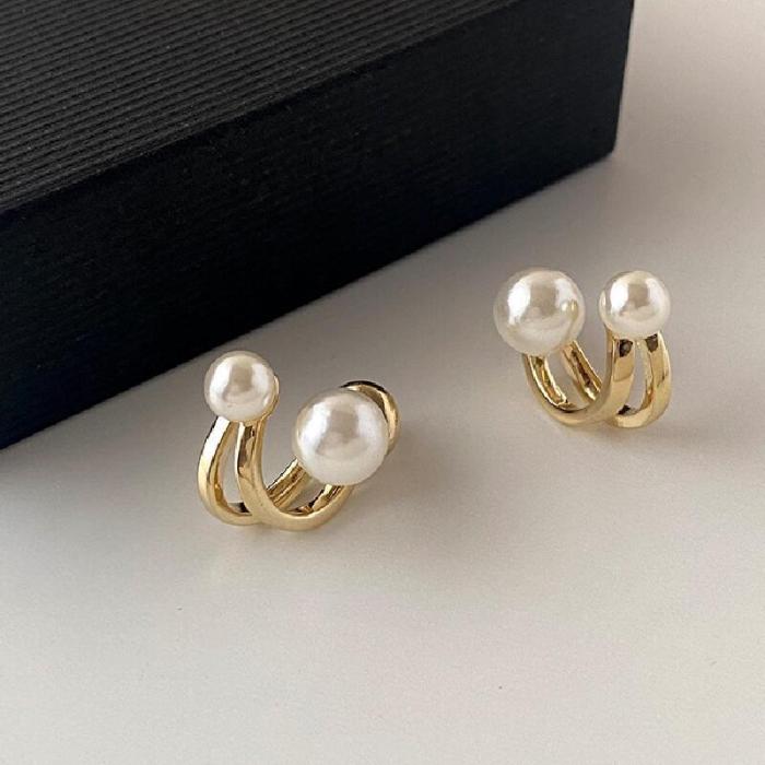 Exquisite Double Imitation Pearl Design Stud Earrings Alloy Jewelry Elegant Vintage Style For Women Daily Casual