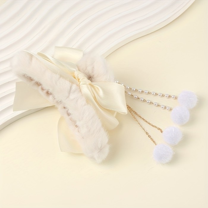 Bowknot Tassel Faux Pearl Plush Hair Claw Clip Elegant Non-Slip Strong Hold Grip Hair Jaw Clip For Thick Hair Accessories