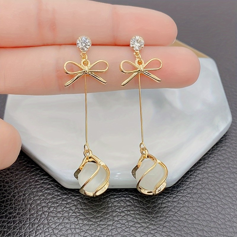 Elegant French Style Bow-Knot Drop Earrings, 1 Pair, Vintage Golden Long Dangle Earrings, Fashionable Face Slimming, Women's Vacation Holiday Jewelry