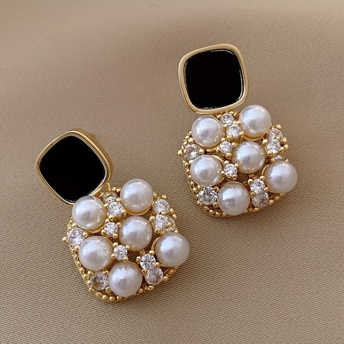 Square Faux Pearl Zircon Stud Earrings Female Temperament Personality Ear Jewelry Accessories For Banquet Party Decor