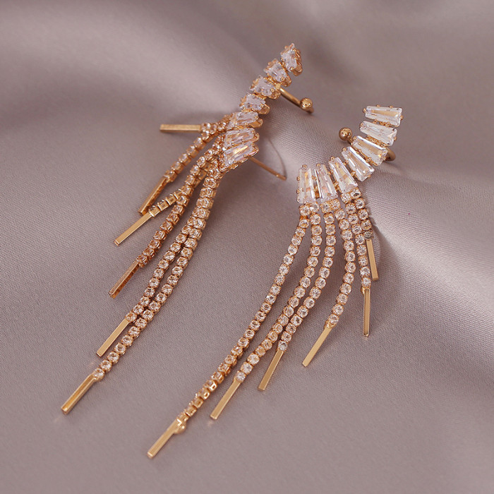 Elegant Zircon Tassel Earrings Plated Ear Clip Women Party Accessories