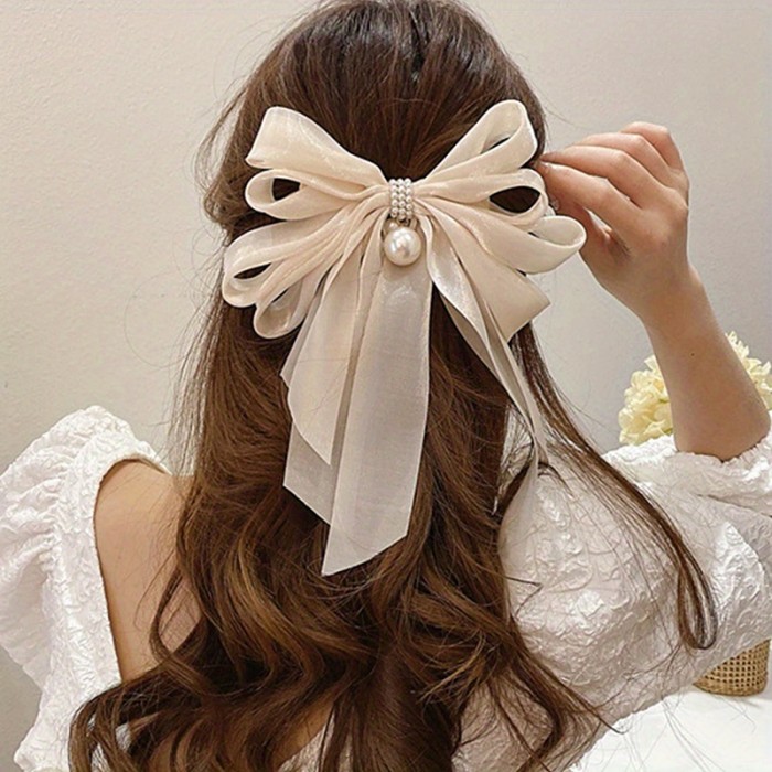 1pc Bow & Faux Pearl Decor Hair Clip Oversized French Barrette Elegant Hair Pin Hair Styling Accessory