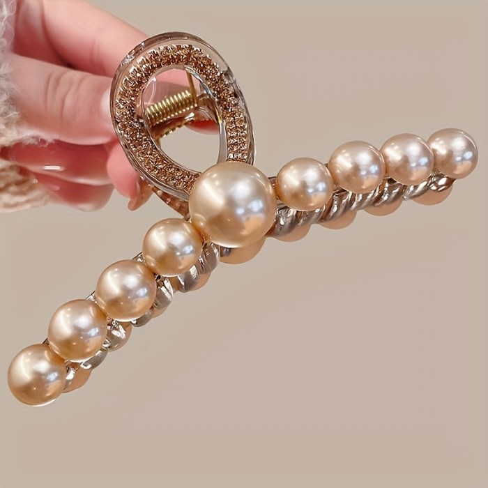 Elegant Coffee-Colored Pearl Water Diamond Hair Clip with Shark Tooth Design, Suitable for Women's Hair Volume Display - Anniversary Gift for 14+ Years Old