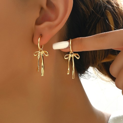 1 Pair Of Drop Earrings, Golden Bowknot Design, Match Daily Outfits, Party Accessories, Sweet Decor For Female