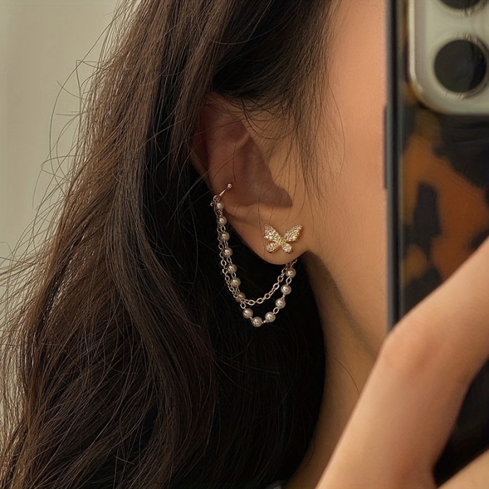 Exquisite Butterfly With Shiny Zircon Inlaid Chain Faux Pearl Decor Ear Cuff\u002F Stud Earrings Elegant Minimalist Style Alloy Jewelry Daily Casual