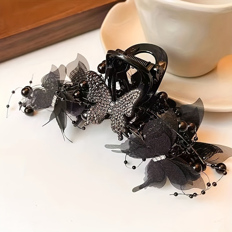 Elegant Black Bow Hair Claw With Sparkling Rhinestones - Large Shark Clip For Women, Perfect For Everyday & Valentine'S Day, Non-Slip Grip For Long Hair
