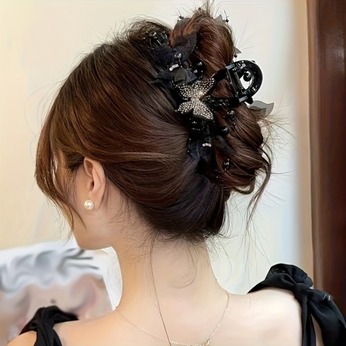 Elegant Black Bow Hair Claw With Sparkling Rhinestones - Large Shark Clip For Women, Perfect For Everyday & Valentine'S Day, Non-Slip Grip For Long Hair