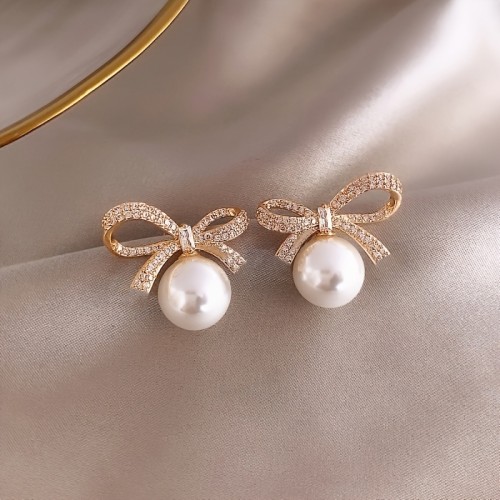 18K Gold Plated Bow Rhinestone Pearl Stud Earrings Women's Elegant Jewelry Women's Accessories
