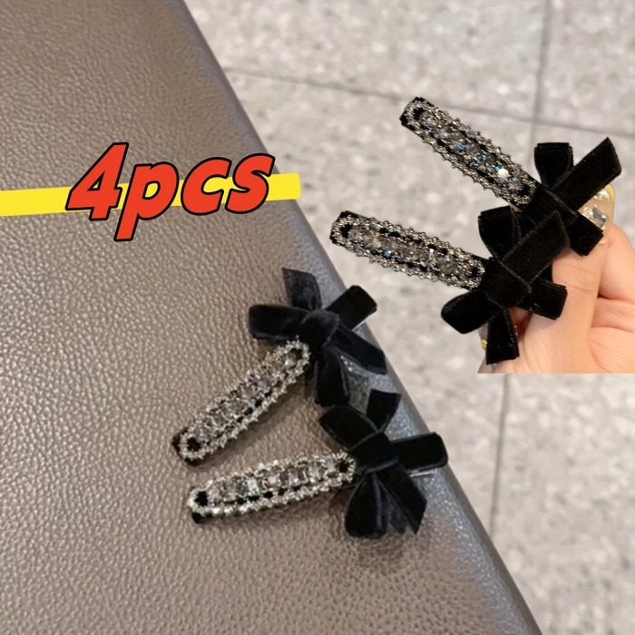 Elegant Vintage Velvet Bow Hair Clip Set With Rhinestones - Chic Grey, Perfect For Bangs & Side Styling, Women'S Fashion Accessory