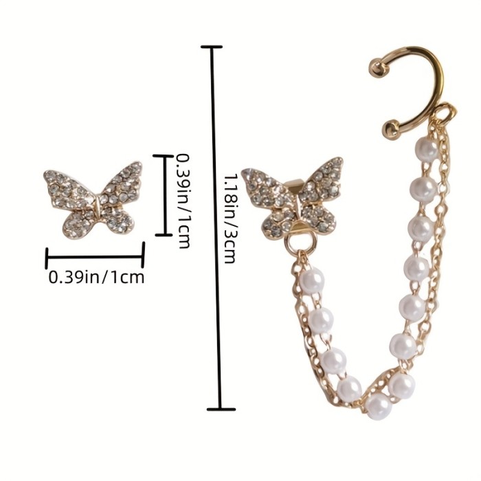 Exquisite Butterfly With Shiny Zircon Inlaid Chain Faux Pearl Decor Ear Cuff\u002F Stud Earrings Elegant Minimalist Style Alloy Jewelry Daily Casual