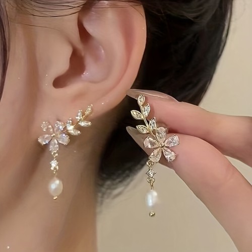 Zircon Flower & Faux Pearl Decor Earrings Vintage Elegant Earrings Fashion Party Or Everyday Wear