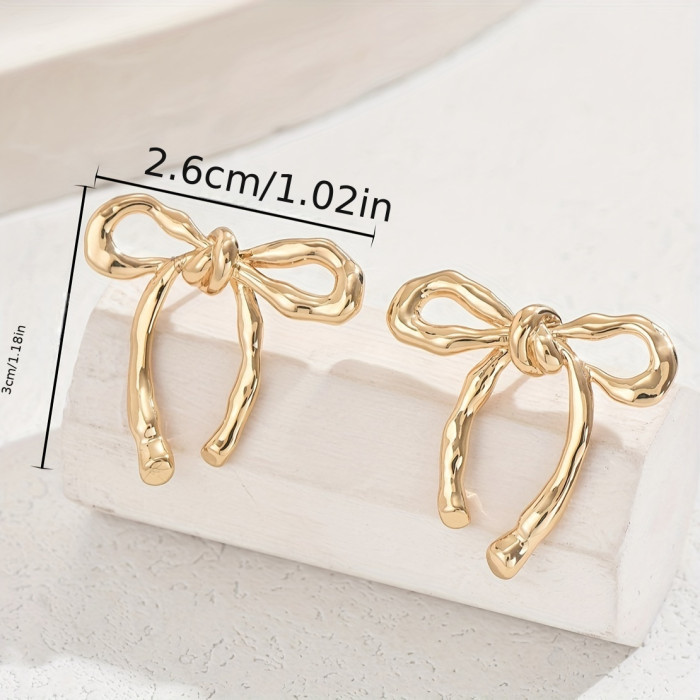 Bowknot Stud Earrings, 1 Pair, Golden Jewelry, Bohemian Elegant Style, Fashion Ribbon Bow Jewelry For Women