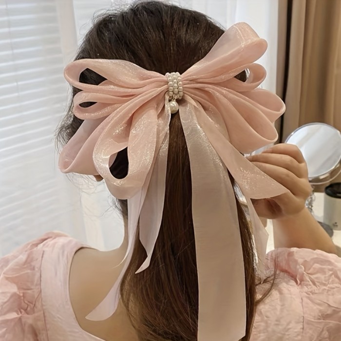 1pc Bow & Faux Pearl Decor Hair Clip Oversized French Barrette Imitation Silk Elegant Hair Pin Hair Styling Accessory