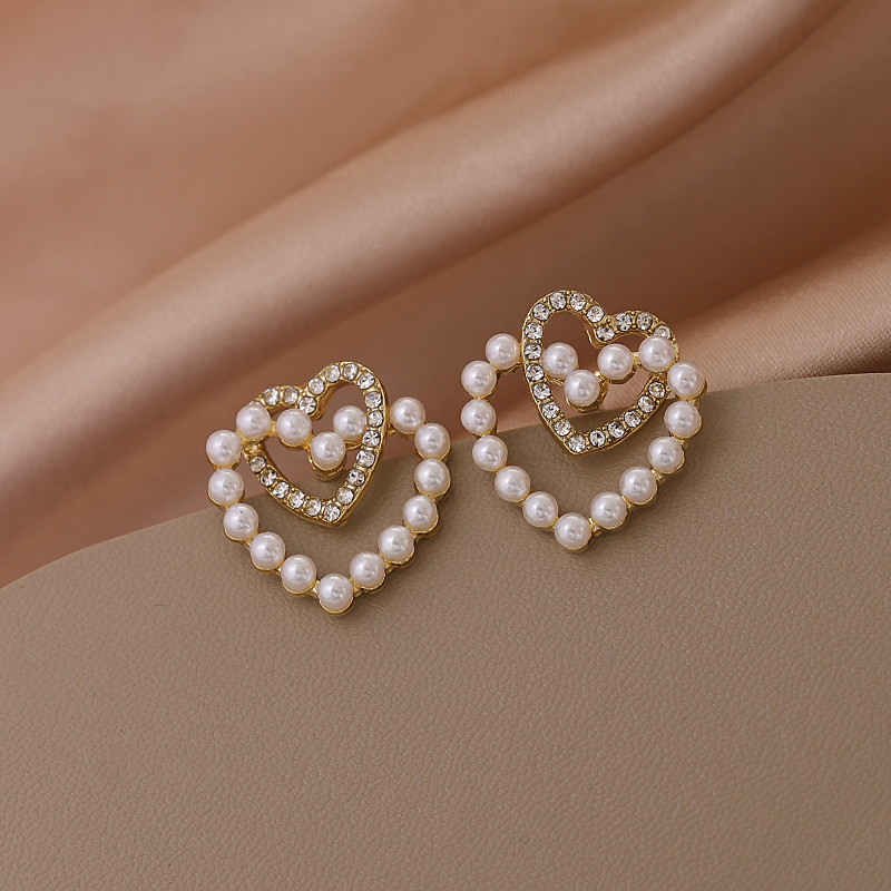 Simple Double Love Faux Pearl Earrings For Women Girls 18K Plated Jewelry