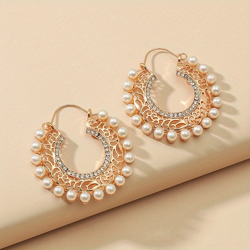 Faux Pearl Sparkling Rhinestone Decor Hollow Round Dangle Earrings Bohemian Elegant Style Alloy Jewelry Trendy Female Gift